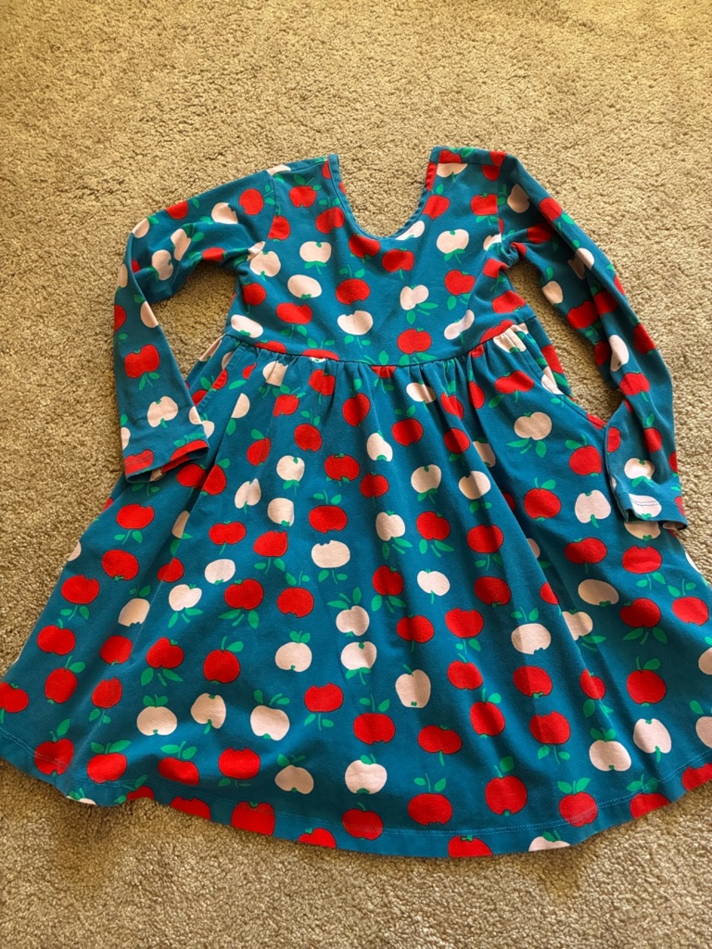 Hanna Andersson Girls Long Sleeve Playdress - Blue with Red Apple Print - Size 5